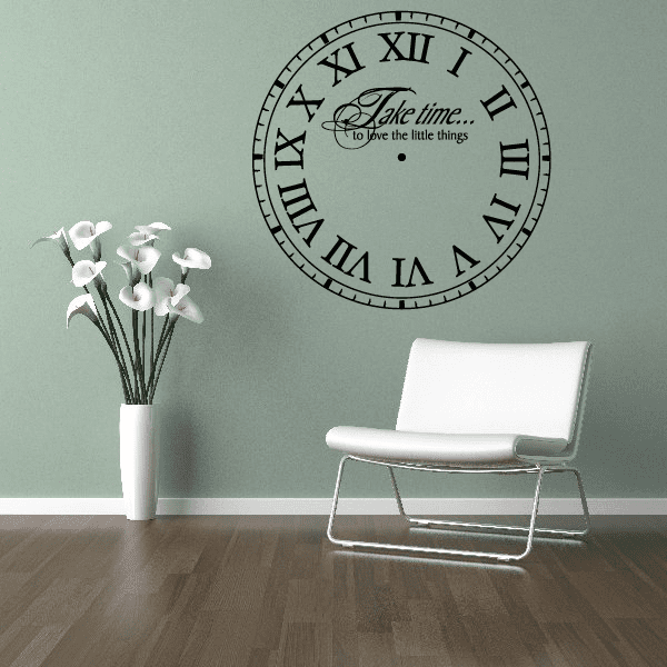 Clock face wall decal with Roman numerals, clock hands, and 'Take time to love' text