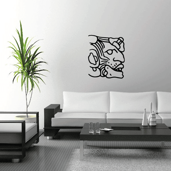 Talking Mayan face wall decal, black line art carved mask profile