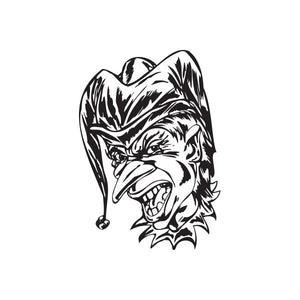 Jester head sticker decal with pointy nose, black-and-white illustrated face