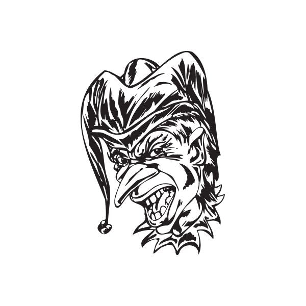 Jester head sticker decal with pointy nose, black-and-white illustrated face