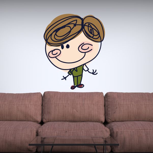Cartoon boy sticker with brown hair, green shirt, and maroon shoes
