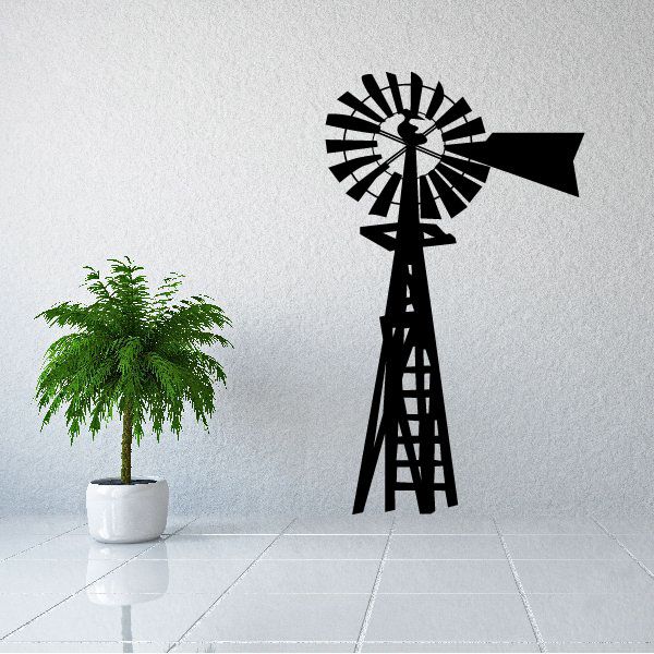 Black windmill decal with rotating-style blades and ribbon banner
