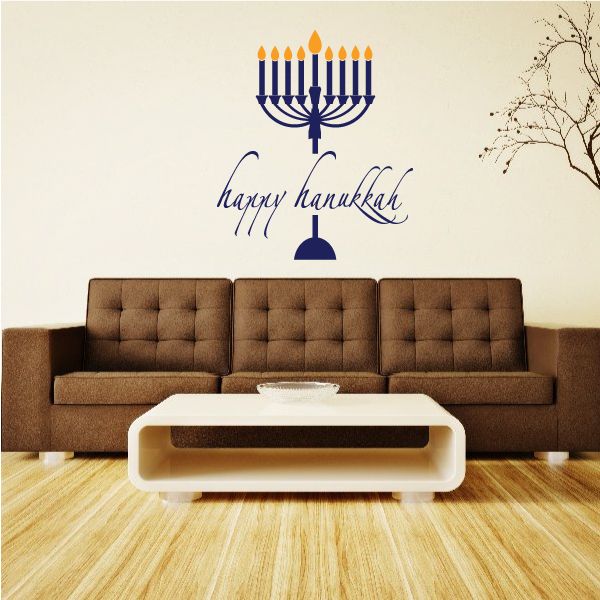 Happy Hanukkah menorah printed die-cut decal with candles and blue lettering