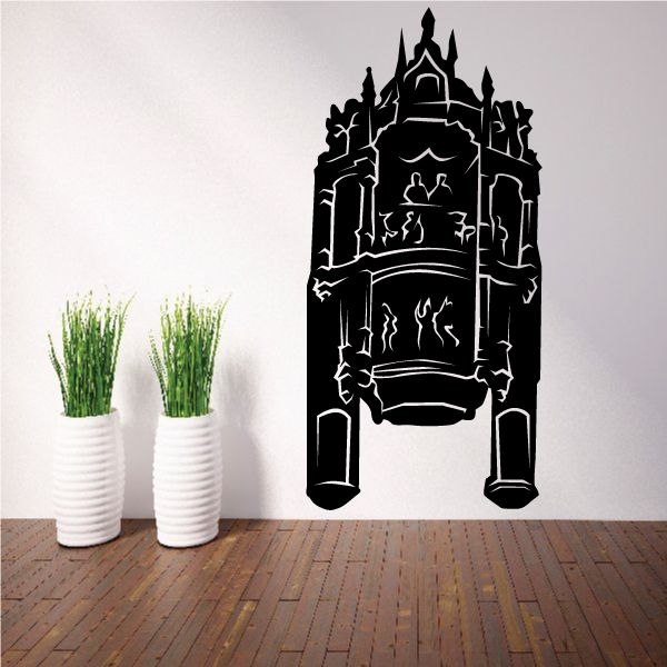 Tall temple wall decal, black silhouette of a cathedral-like gate and towers