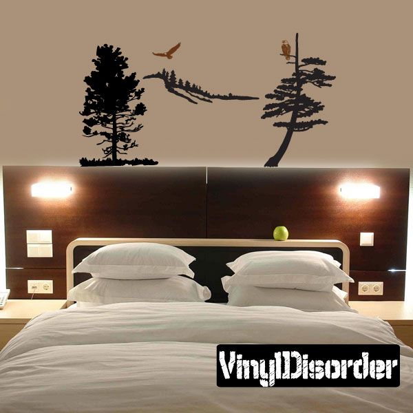 Black pine tree and mountain vinyl wall decals with eagle silhouettes