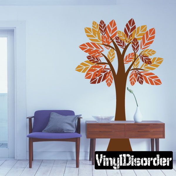 Wall decal tree with large multicolor leaves, brown trunk, for indoor wall decor