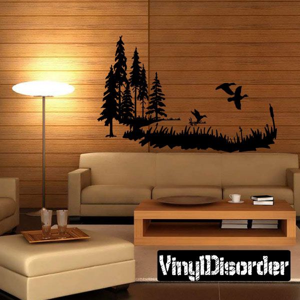 Vinyl wall decal set with tall tree silhouettes, grass, and ducks