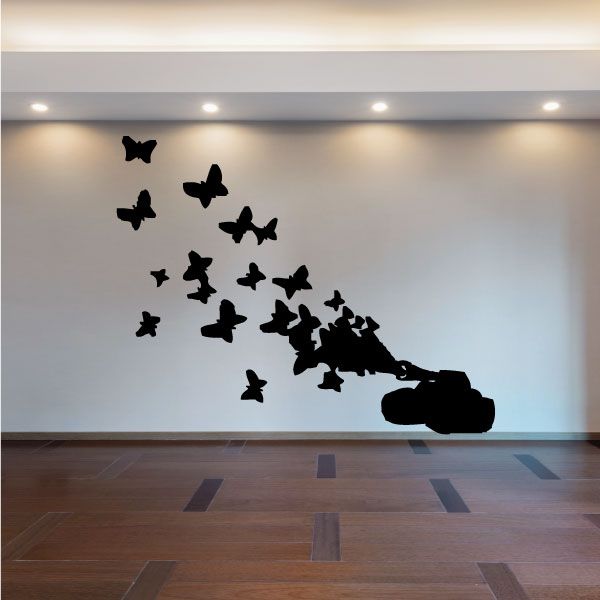 Tank and butterfly wall decal, black silhouette