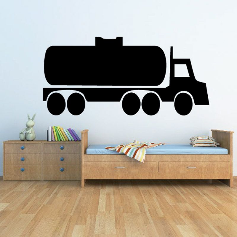 Tanker truck wall decal featuring a black truck silhouette with wheels and pipes