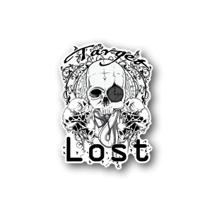 Vinyl skull sticker with ornate wings and “LOST” text, white on dark