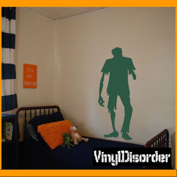Zombie one-arm wall decal, tattered style silhouette in dark green
