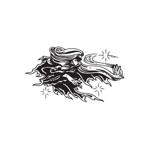Wizard robe and wand decal with swirling hair and sparkles, black and white outline