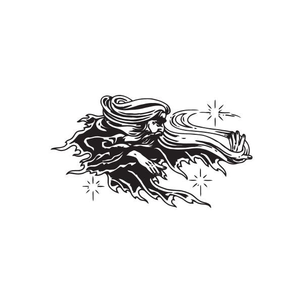 Wizard robe and wand decal with swirling hair and sparkles, black and white outline