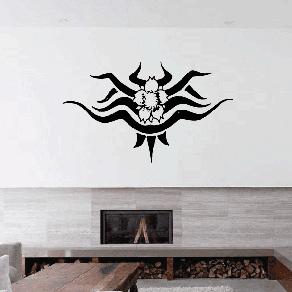 Black floral tattoo decal with winged flourish and central bloom