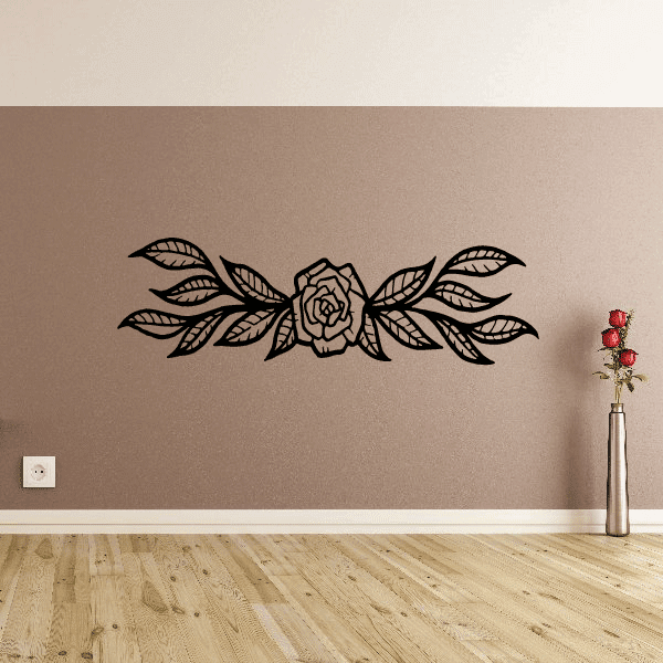 Rose and leaf floral tattoo decal with centered flower and curling vines