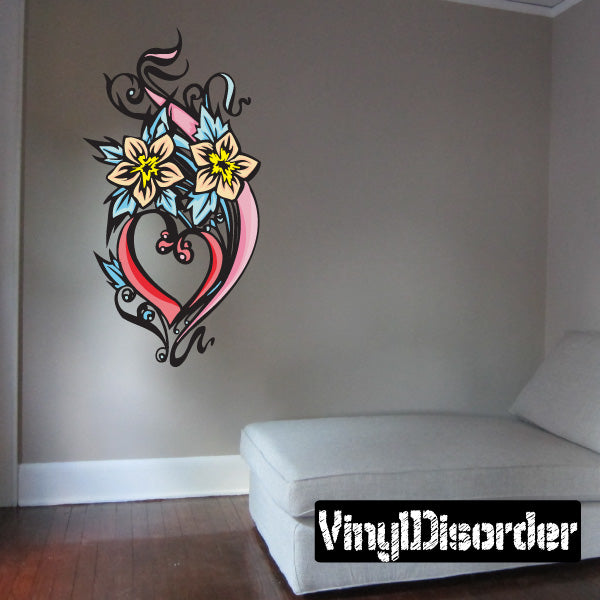 Flower and heart tattoo sticker with blue and yellow blooms on dark outline