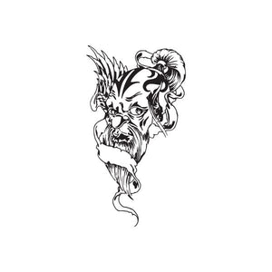 Tattooed wizard decal with black line-art face collage