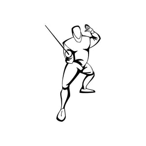 Taunting fencer decal in black line art, holding a foil and posing.