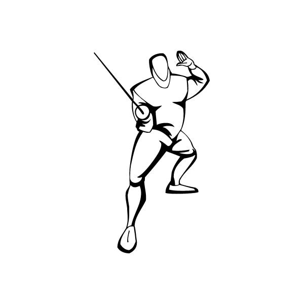 Taunting fencer decal in black line art, holding a foil and posing.