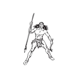 Native American warrior decal of taunting warrior holding spear, black and white
