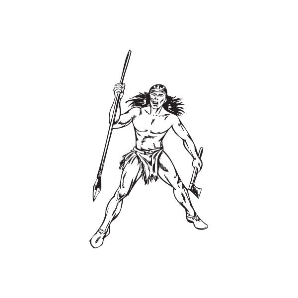 Native American warrior decal of taunting warrior holding spear, black and white