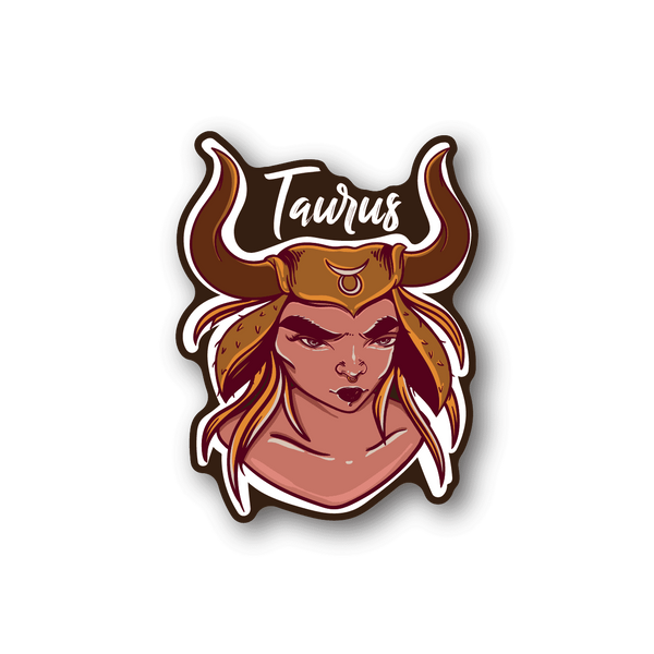 Taurus zodiac vinyl sticker with illustrated bull-horned woman face and horned emblem