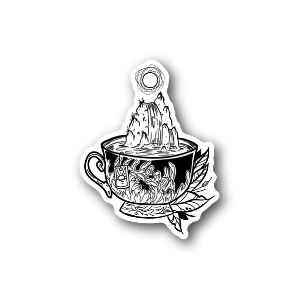 Vinyl sticker: white line teacup with mountain peaks and flowers