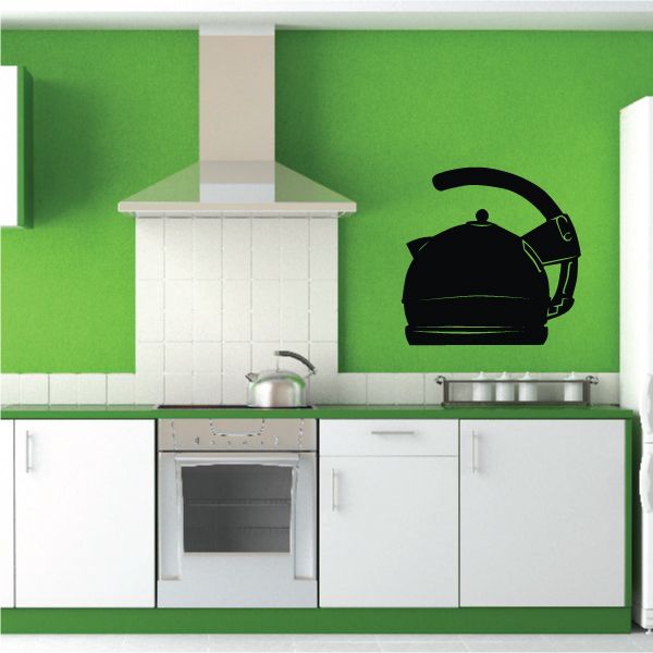 Tea kettle decal with black kettle silhouette, curved handle and spout.