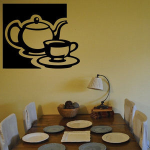 Tea pot and tea cup wall decal set, gold outline with teapot and two cups.