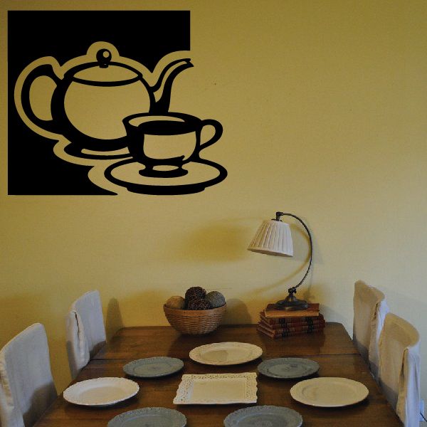 Tea pot and tea cup wall decal set, gold outline with teapot and two cups.