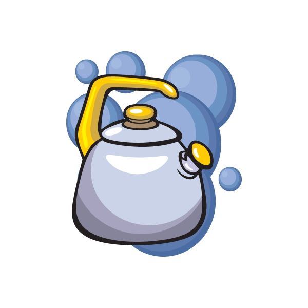 Tea pot sticker with cartoon kettle in gray, yellow handle, on blue bubble design