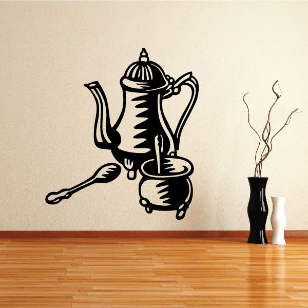 Tea set wall decal featuring black teapot and cup illustration