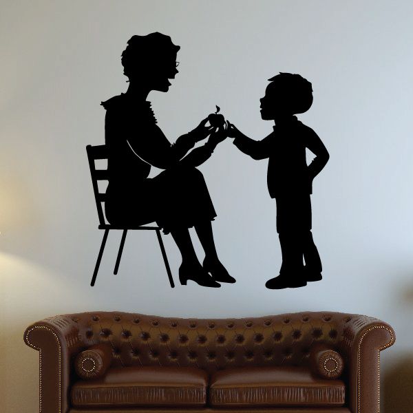 Teacher and student wall decal, teacher seated offering an apple