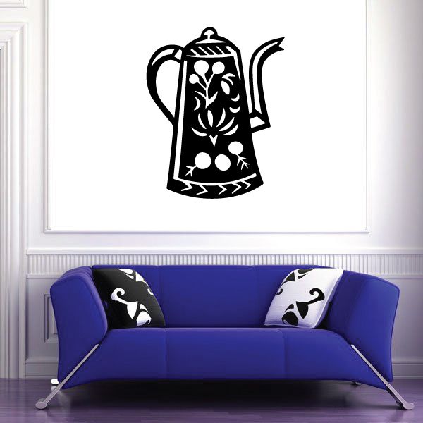 Black teapot wall decal with decorative stars and flowers