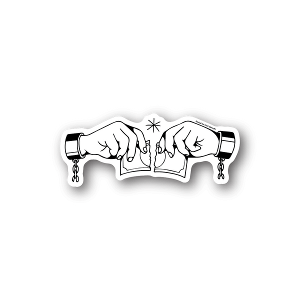 Vinyl sticker with white hands tearing a money bill graphic
