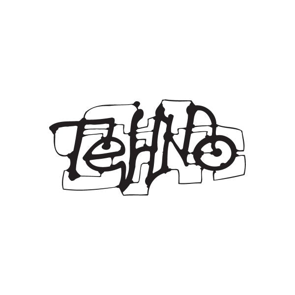 Techno graffiti decal with bold black and gray street-style lettering.