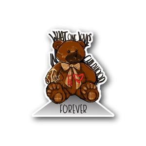 Brown teddy bear vinyl sticker with bow tie and heart, FOREVER text