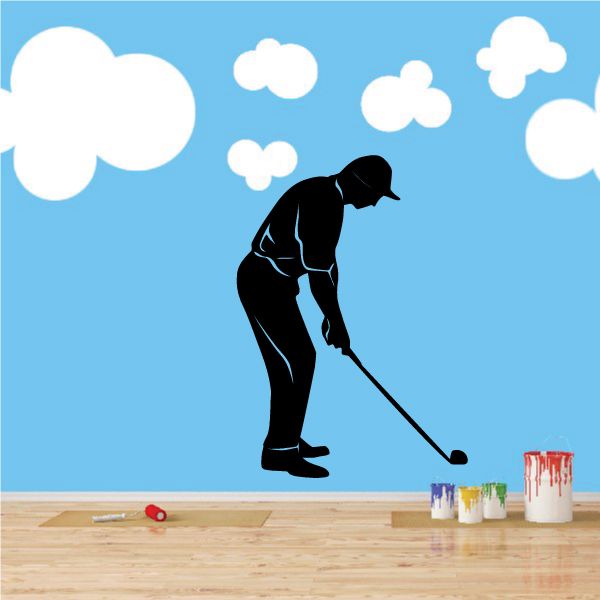 Golfer teeing off wall vinyl decal with clouds and golf club silhouette