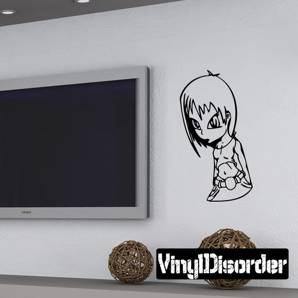 Teen character wall decal of a waving girl with bun ponytail, black line art