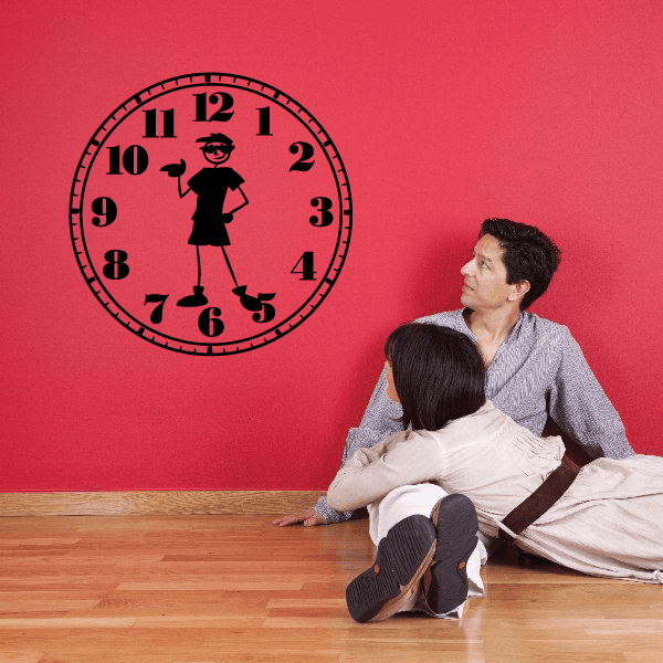 Round wall clock decal with boy figure and Roman numerals
