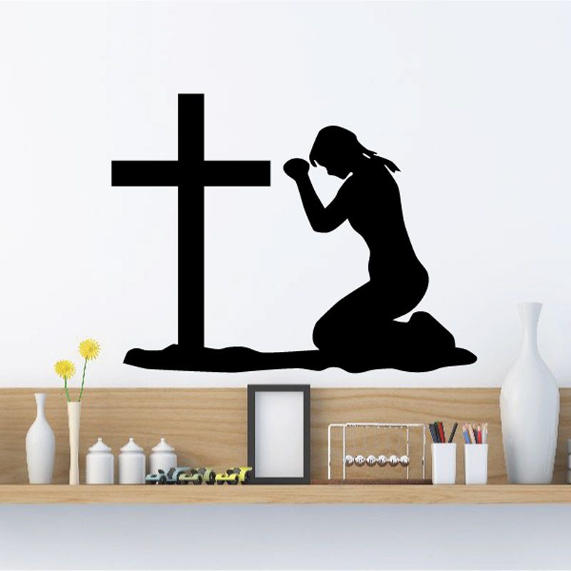 Praying girl wall decal with cross silhouette