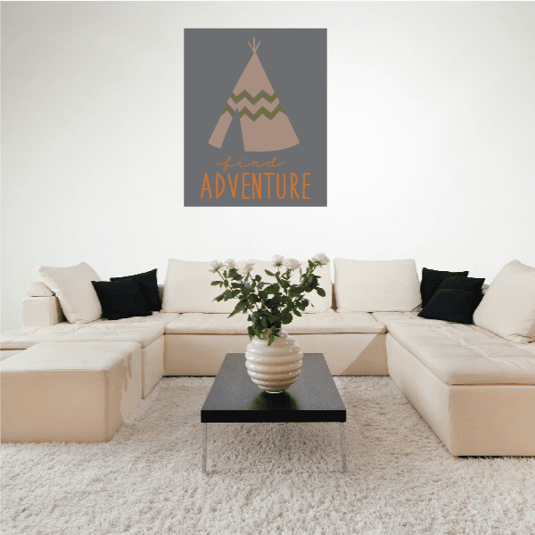 Adventure teepee sticker, gray square with teepee illustration and word 'ADVENTURE'.