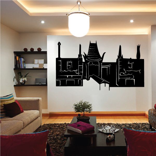 Black temple city skyline wall decal with towers and ornate outlines