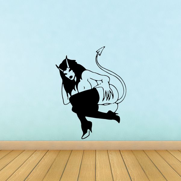 Tempting devil girl decal, black-and-white chibi figure with horns and long curled tail