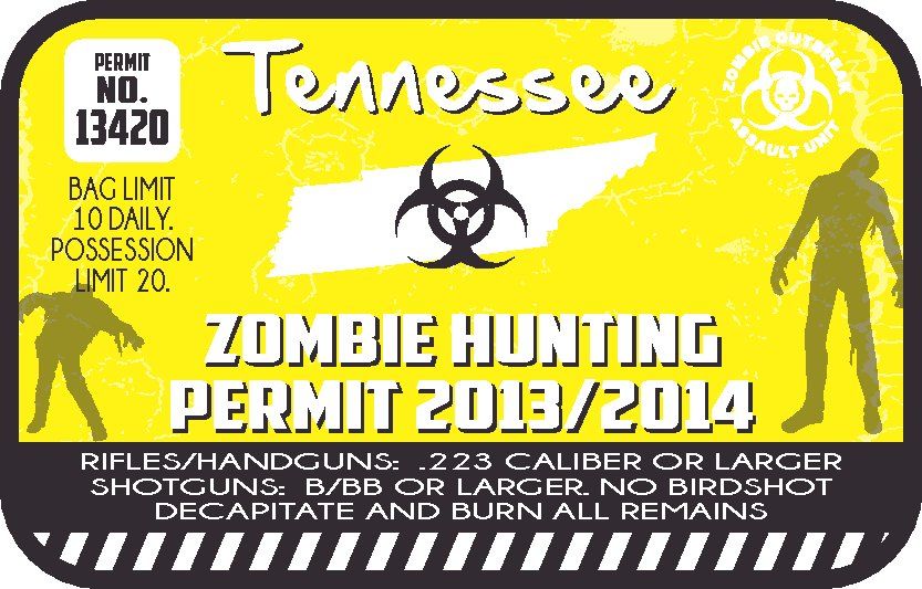 Zombie hunting permit sticker with yellow Tennessee text, green silhouettes, biohazard symbol