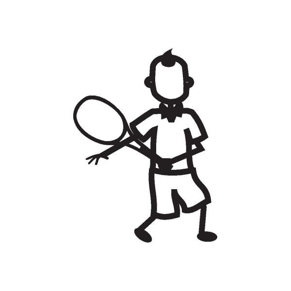 Tennis baby no-face decal, black and white figure holding a tennis racket