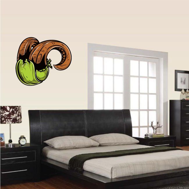 Tennis ball ram wall decal vinyl car sticker, brown and green cartoon ram head