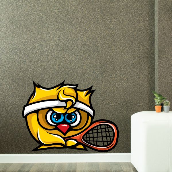 Tennis bird wall decal of cartoon bird holding a tennis racket, yellow black blue