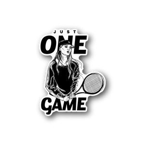 Vinyl sticker of a tennis girl holding a racket, “Just One Game” text, black and white