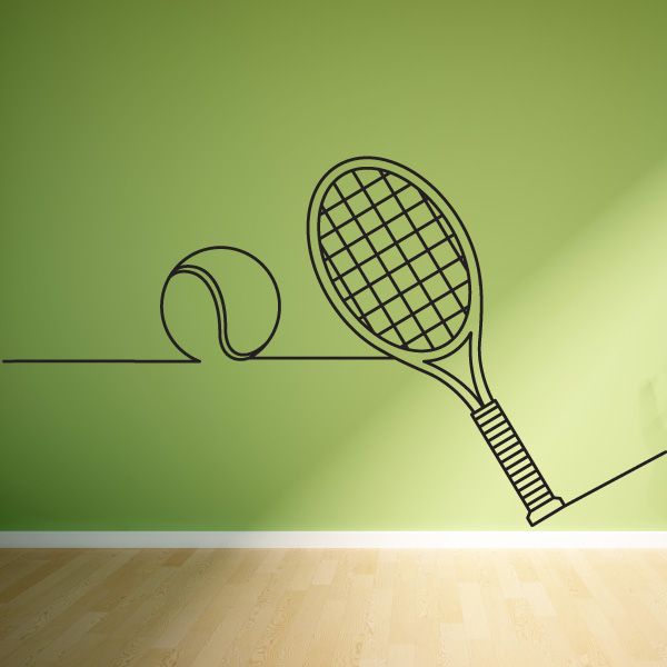 Tennis line art wall decal with racket and ball outline, black